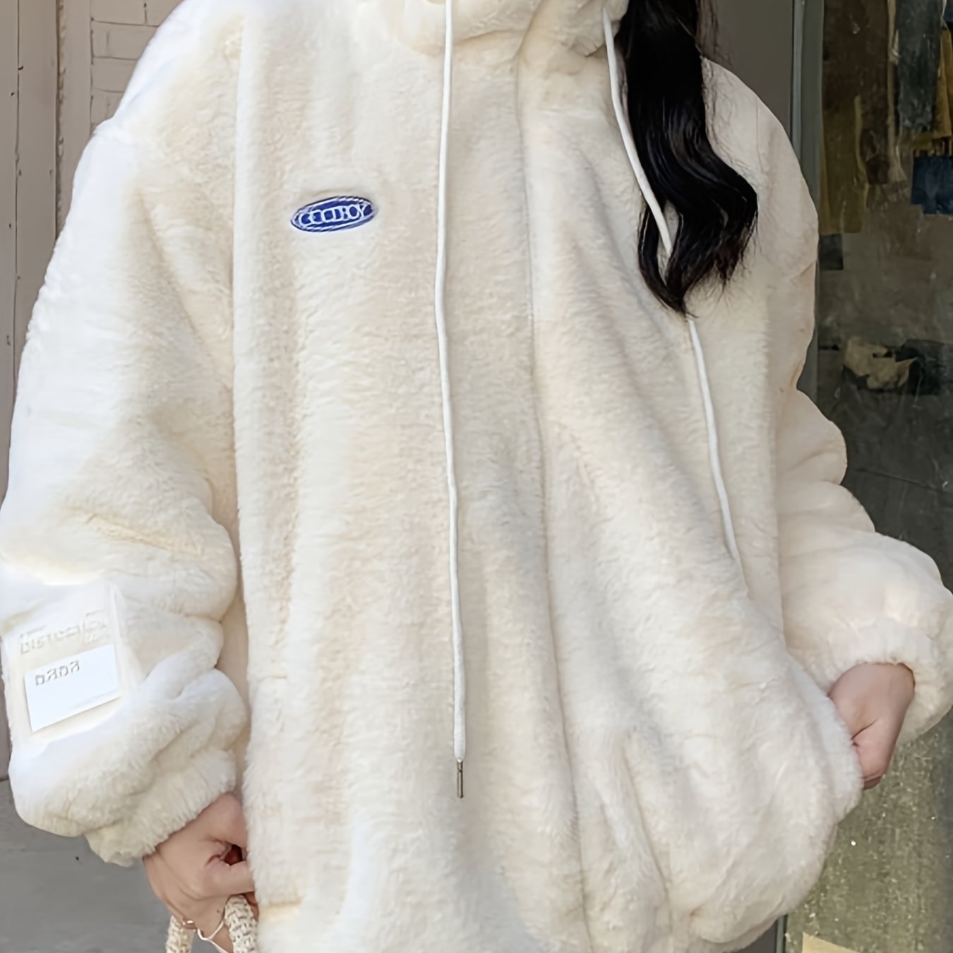 Sixsr Letter Print Zipper Front Loose Coat, Casual Drawstring Turtle Neck Long Sleeve Coat For Fall & Winter, Women's Clothing