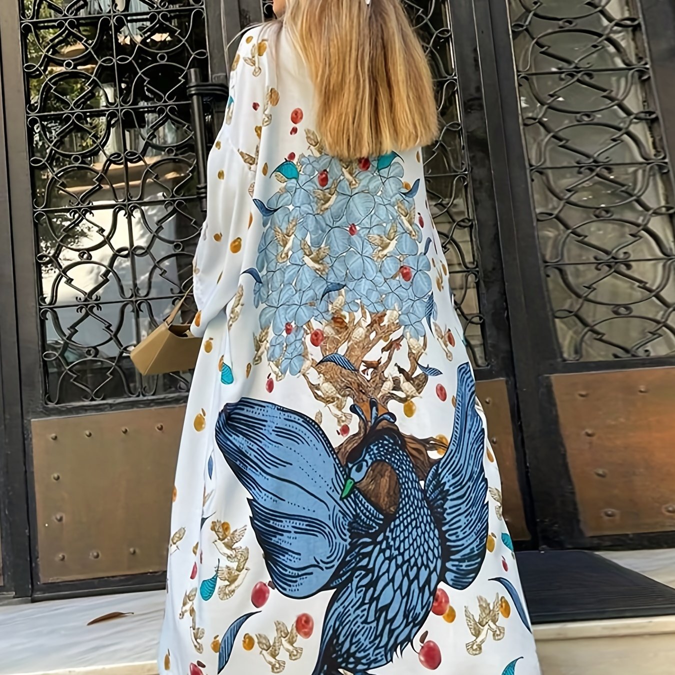 Plus Size Casual Cover Up, Women's Plus Graphic Print Long Sleeve Cover Up Robe