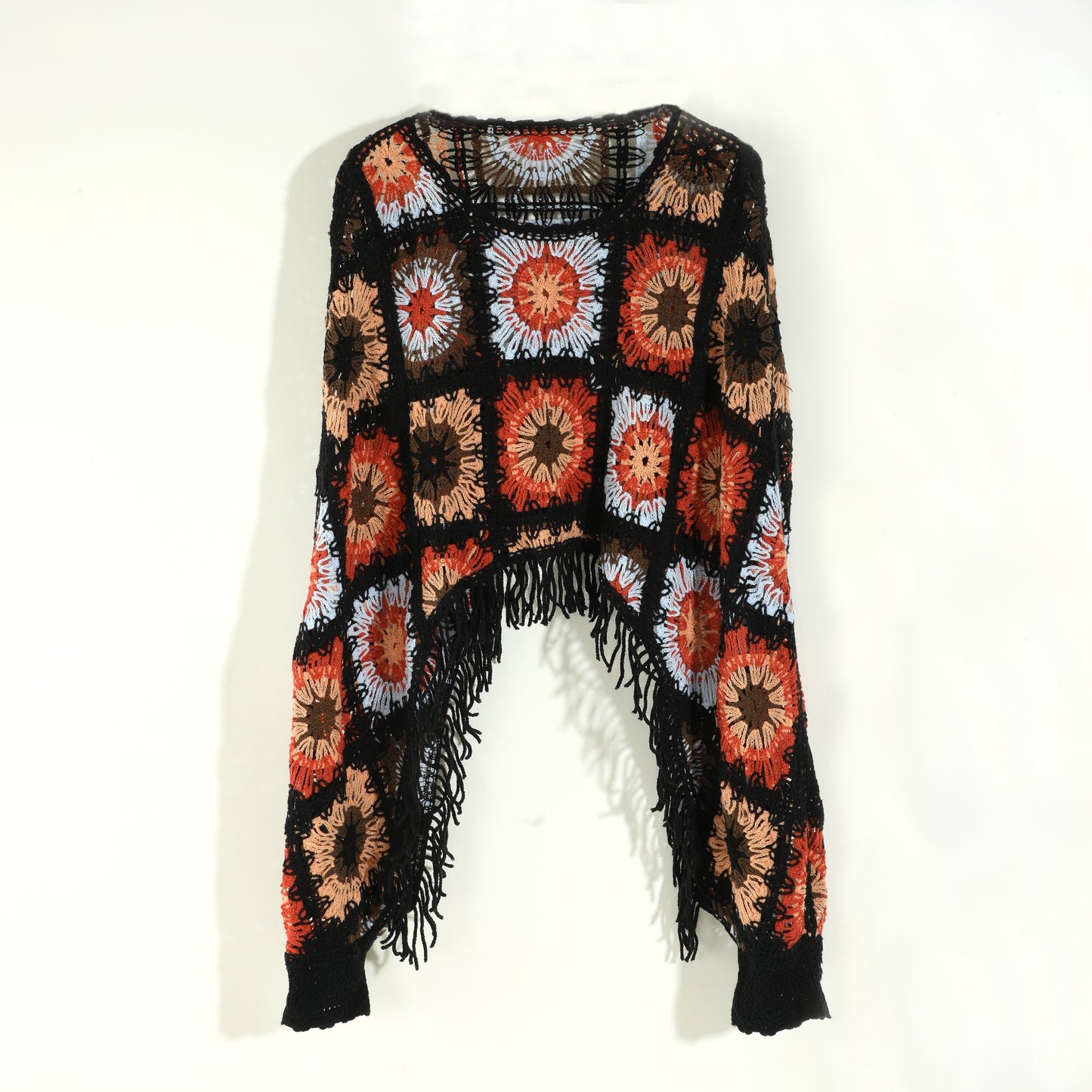 Sixsr Floral Hollow Out Tassel Shawl Elegant Long-sleeved Pullover Shawl Casual Daily Travel Versatile Coat
