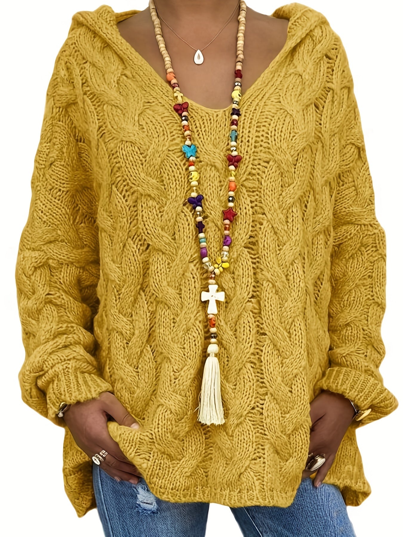 Sixsr Plus Size Casual Sweater, Women's Plus Solid Hooded Long Sleeve V Neck Knitted Pullover Jumper Top