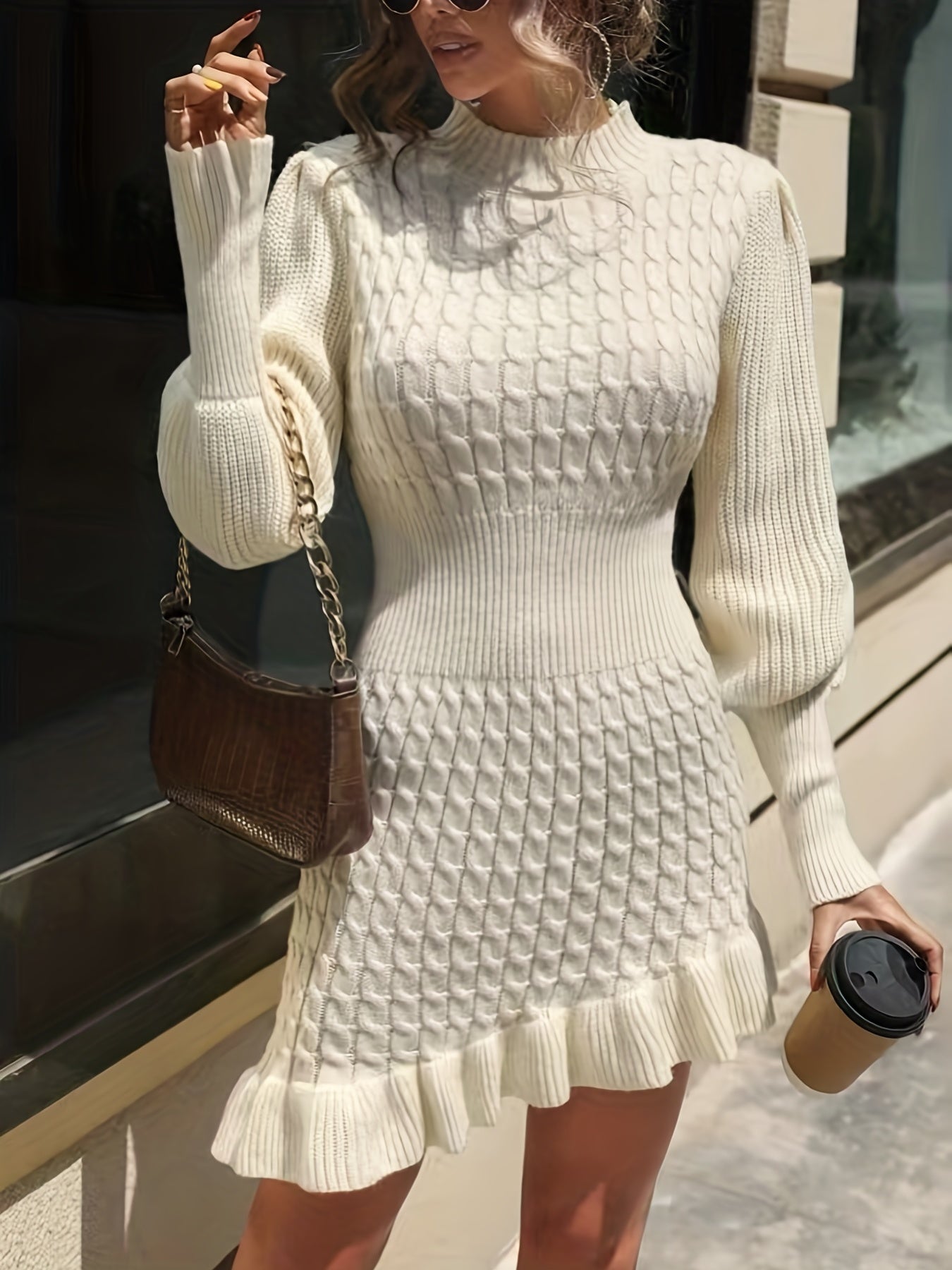 Sixsr Ruffle Asymmetrical Hem Sweater Dress, Elegant Long Sleeve Solid Dress, Women's Clothing