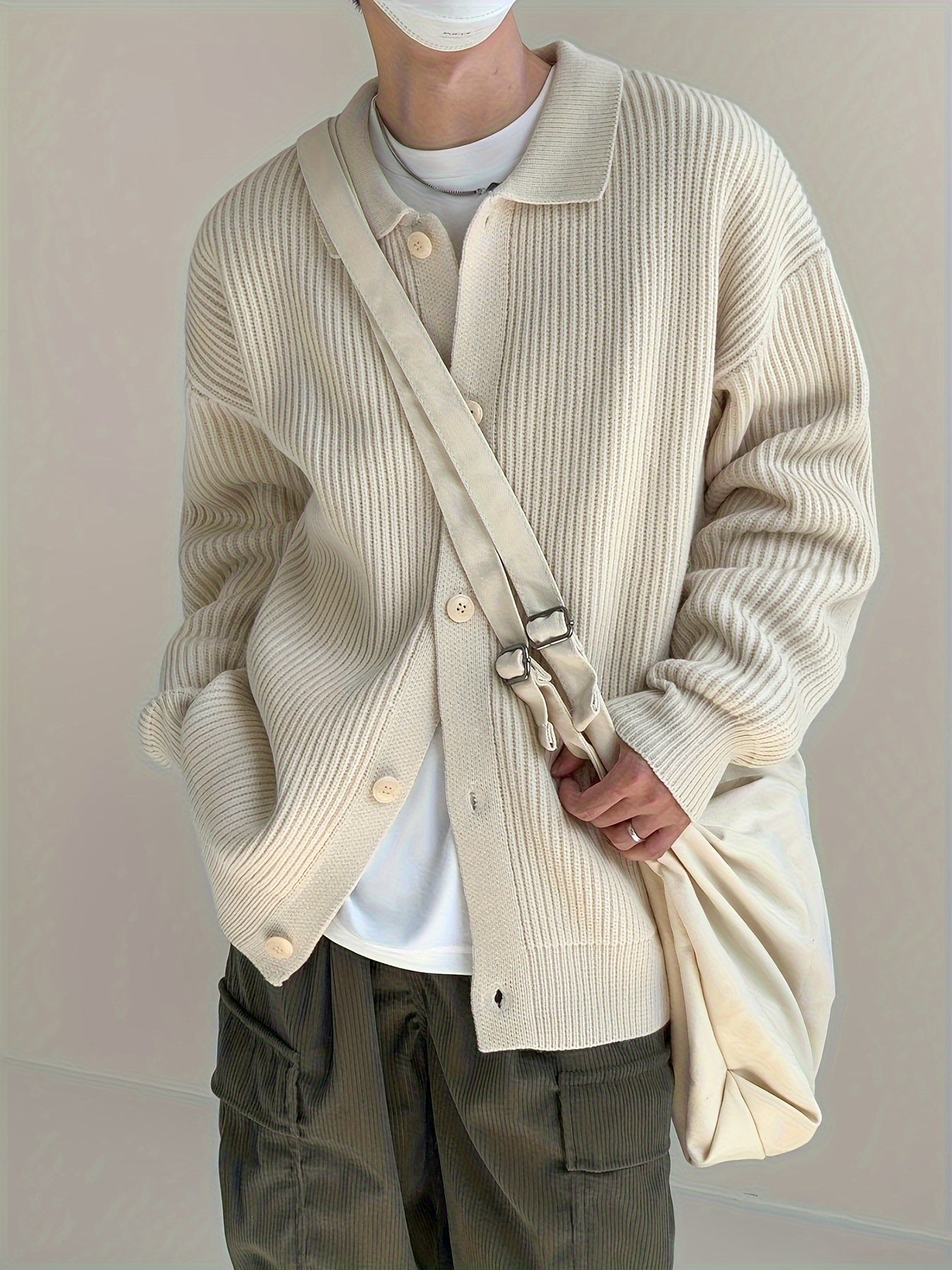 Sixsr Men's Stylish Solid Loose Knitted Cardigan, Casual Medium Stretch Breathable Long Sleeve Button Up Top For City Walk Street Hanging Outdoor Activities