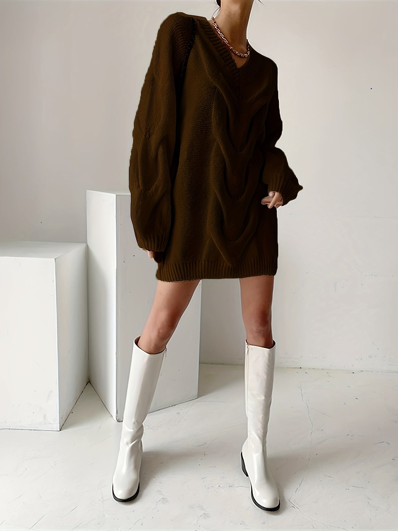 Sixsr Solid Cable Knit Sweater Dress, Casual V Neck Long Sleeve Dress, Women's Clothing