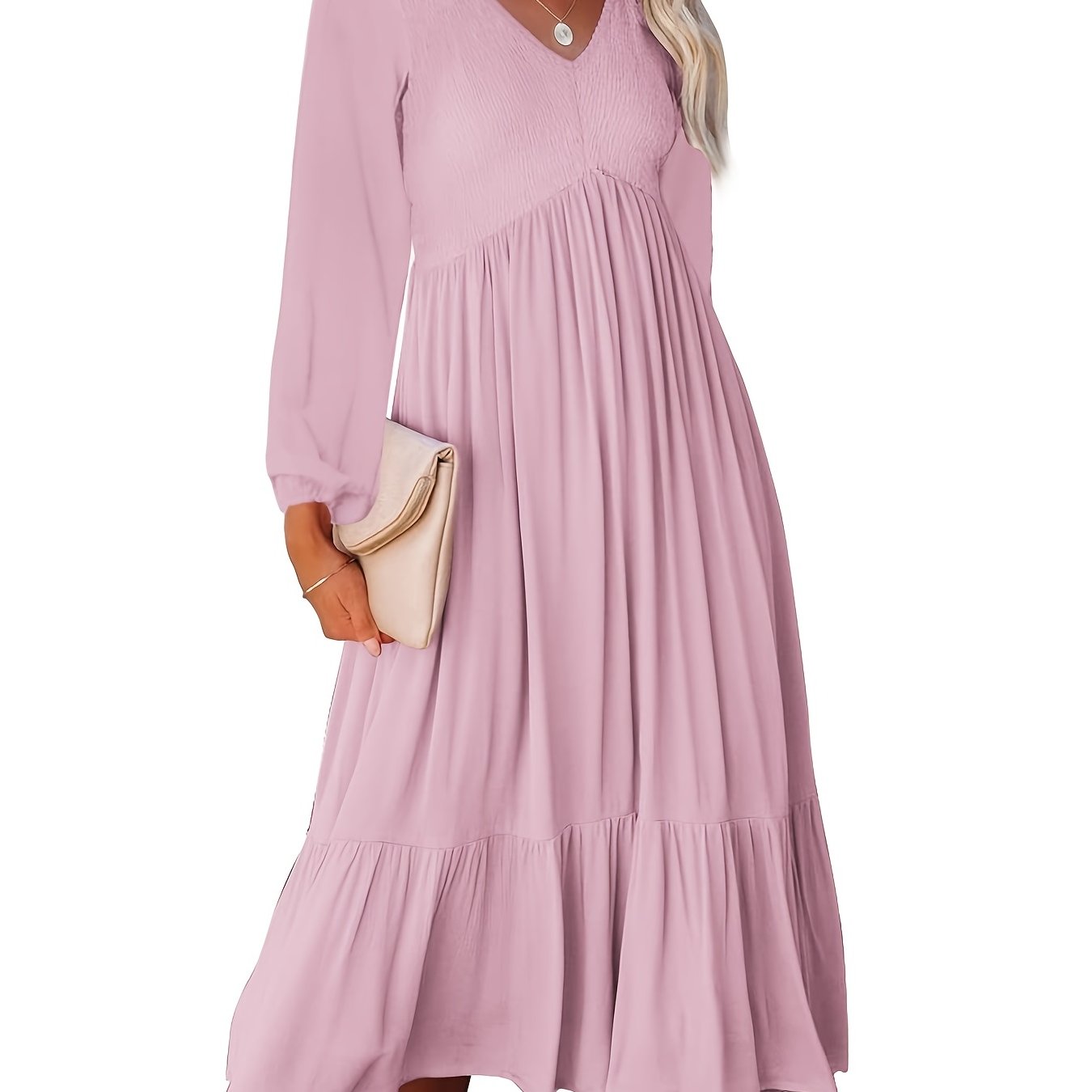 Sixsr Casual Solid Draped Midi Dress, Sexy Long Sleeve V-neck Loose Flowy Swing Babydoll Dresses, Women's Clothing