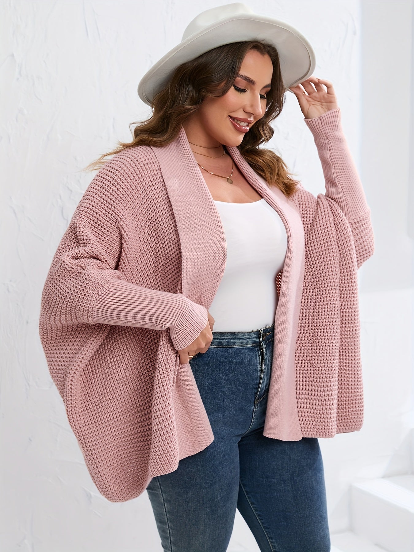 Sixsr Plus Size Lanter Sleeve Hollow Out Cardigan, Women's Plus Casual Slight Stretch Solid Sweater Cardigan
