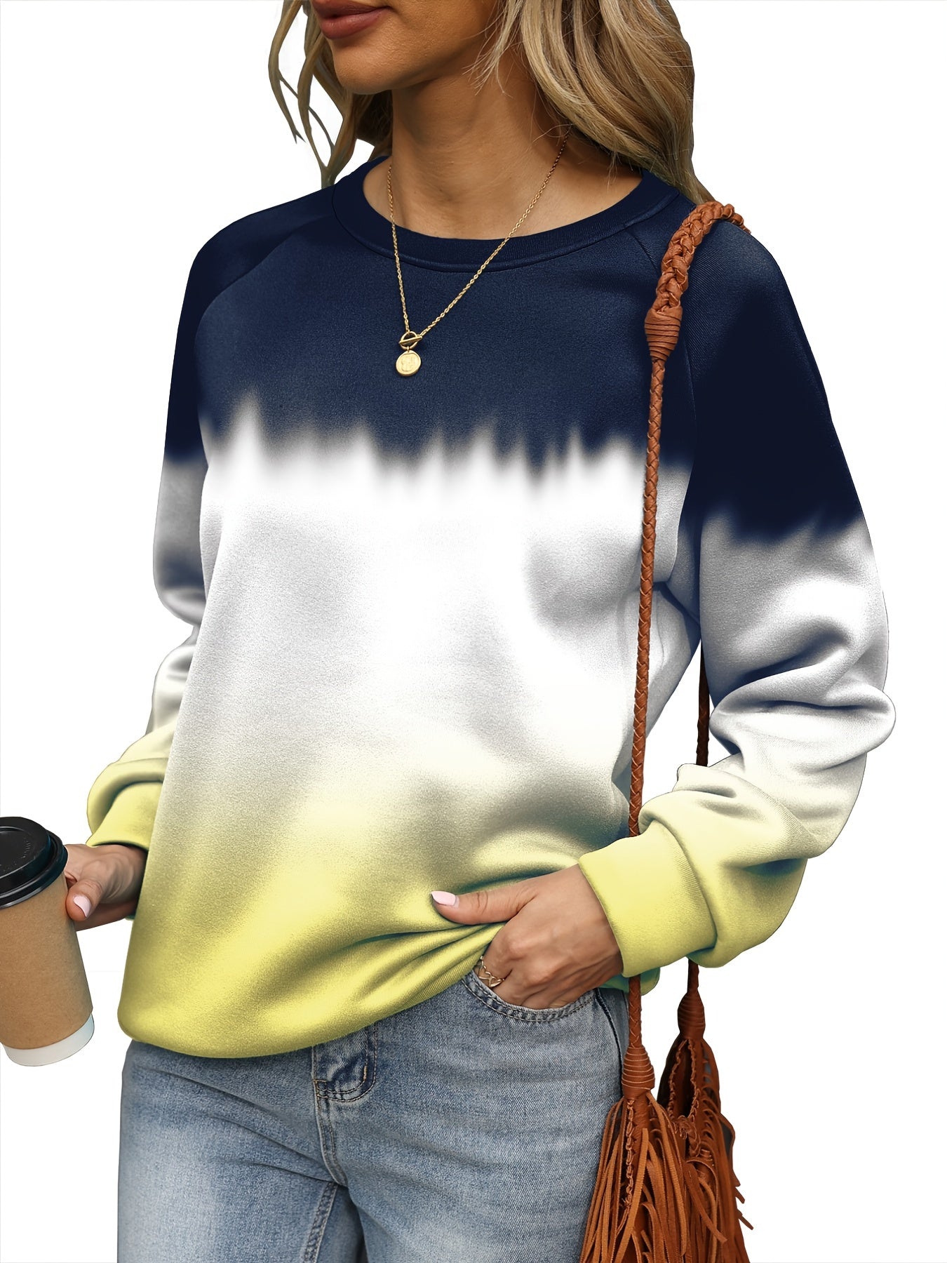 Sixsr Plus Size Casual Sweatshirt, Women's Plus Colorblock Ombre Print Long Sleeve Round Neck Slight Stretch Pullover Sweatshirt