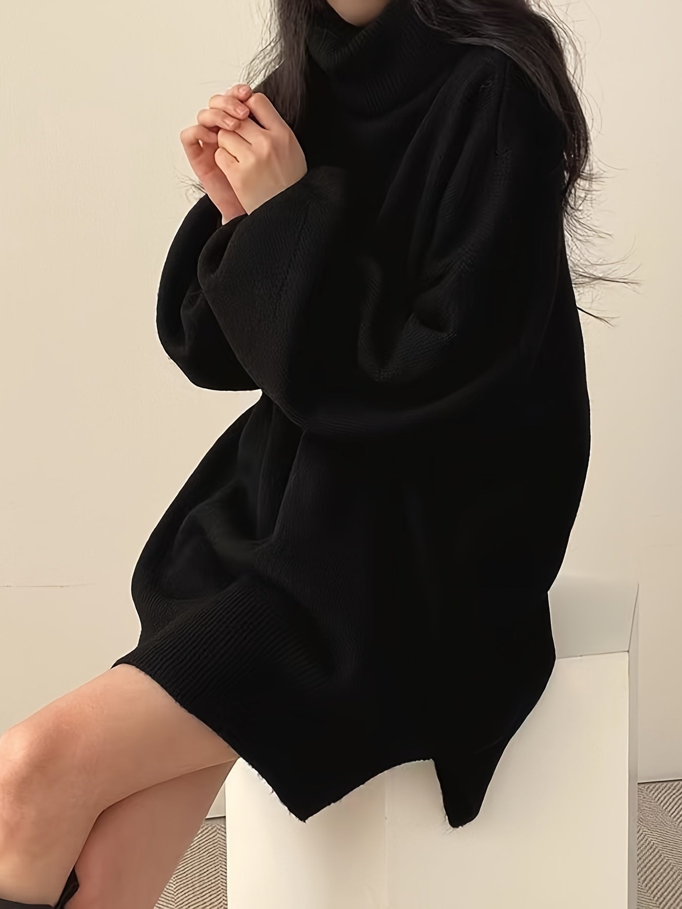 Sixsr Solid Turtle Neck Oversized Sweater, Casual Long Sleeve Split Sweater, Women's Clothing