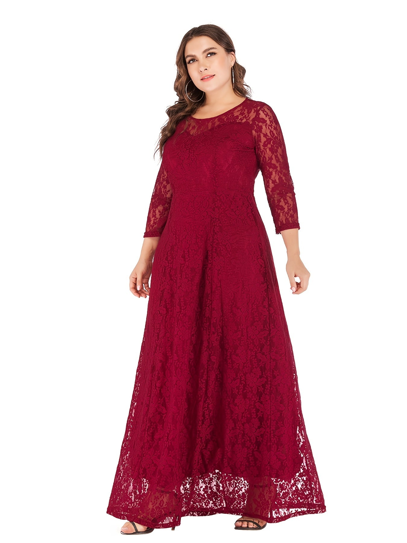 Sixsr Plus Size Romantic Wedding Dress, Women's Plus Floral Lace Long Sleeve Round Neck Lined Formal Party Dress