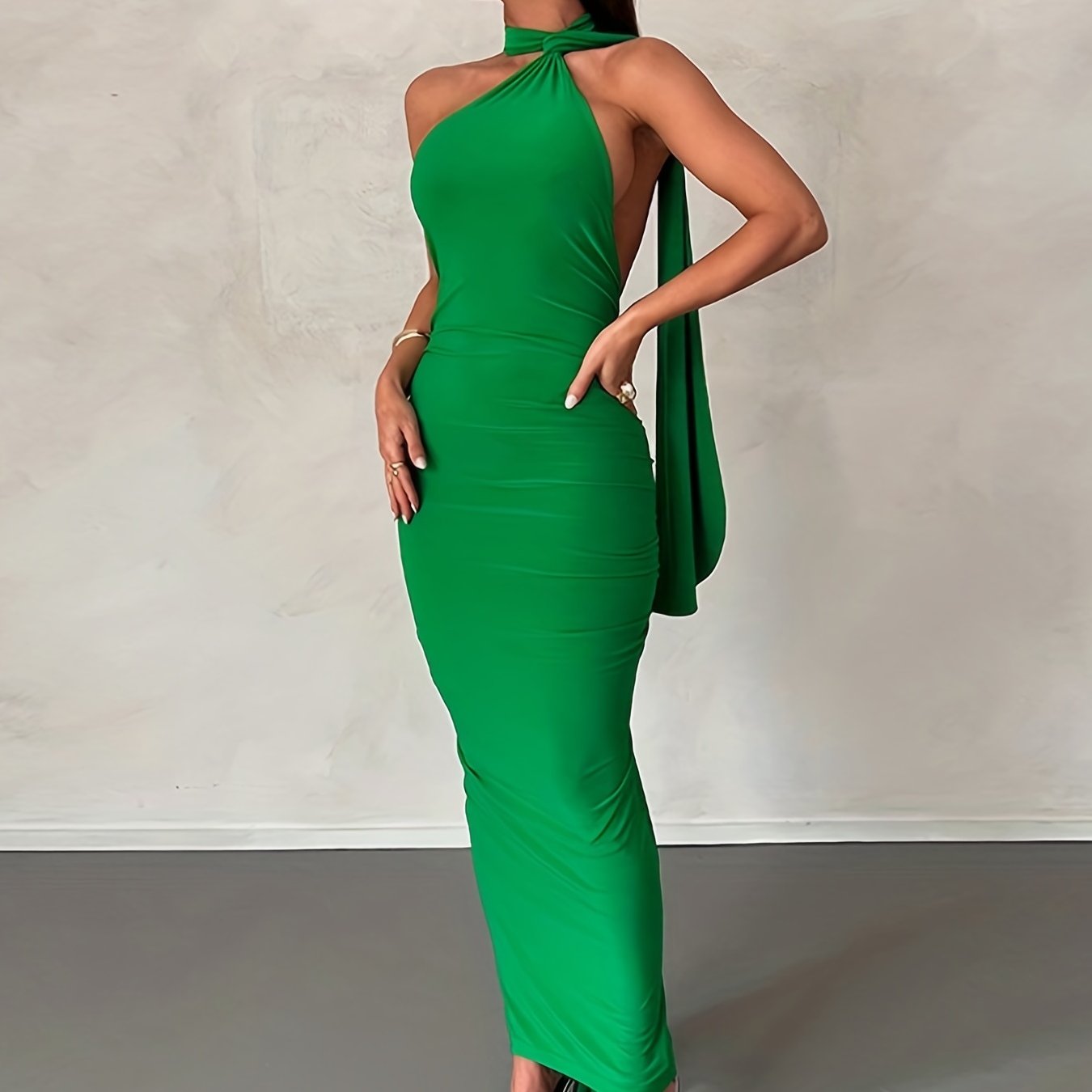 Sixsr Solid Halter Neck Dress, Sexy Backless Bodycon Ruched Sleeveless Dress, Women's Clothing