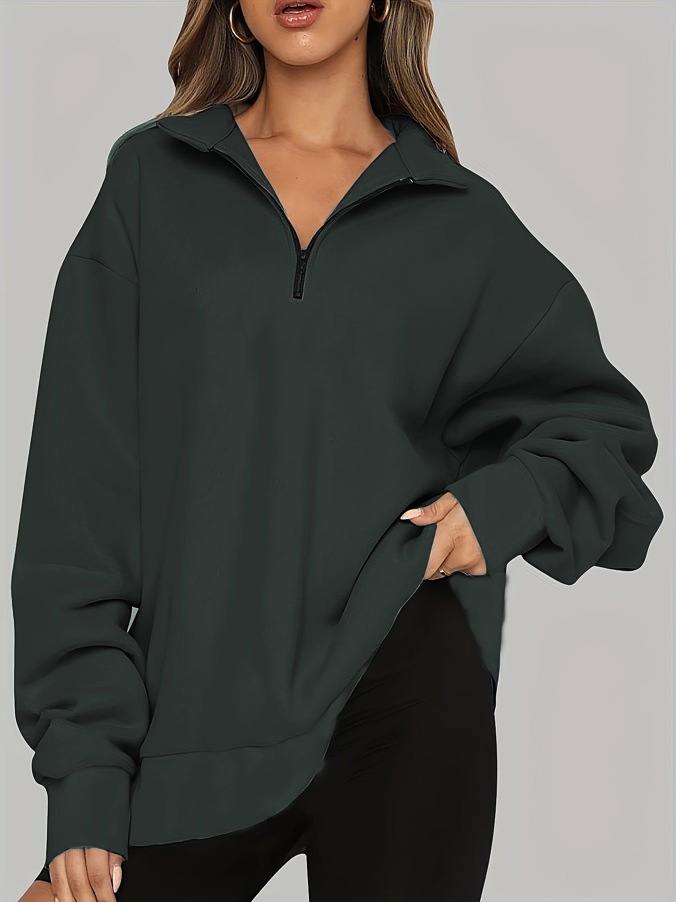 Sixsr Plus Size Casual Sweatshirt, Women's Plus Solid Long Sleeve Zip Up Lapel Collar Pullover Sweatshirt, Casual Tops For Fall & Winter, Women's Clothing