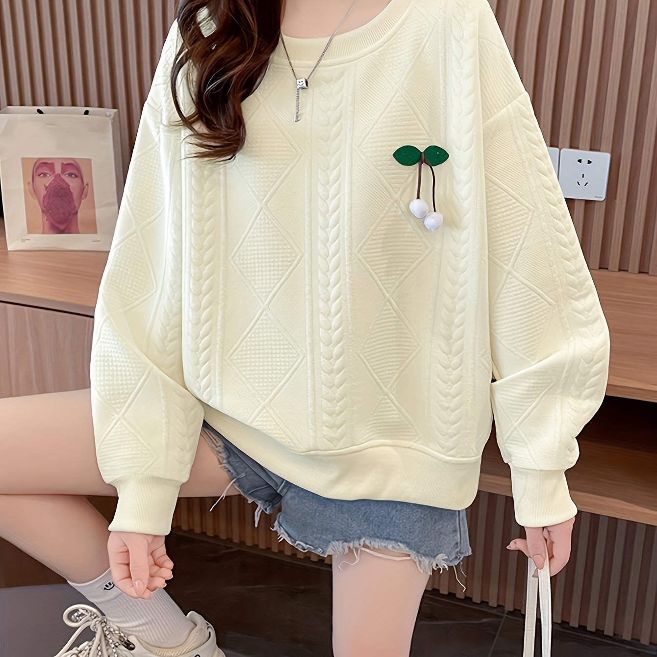 Sixsr Fruit Decor Pullover Textured Sweatshirt, Casual Long Sleeve Crew Neck Sweatshirt For Fall & Winter, Women's Clothing