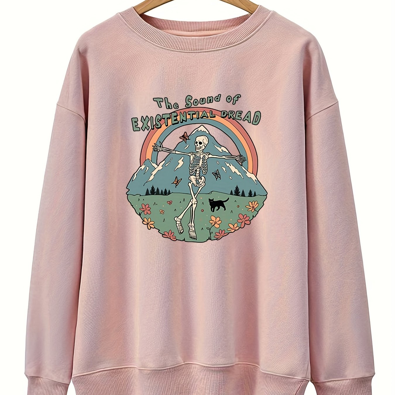Sixsr Plus Size Halloween Sweatshirt, Women's Plus Skull & Rainbow & Letter Print Long Sleeve Round Neck Sweatshirt