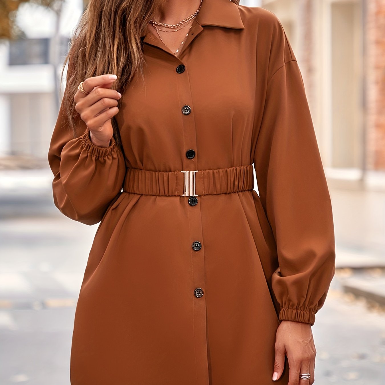 Sixsr Button Front Belt Blouse, Elegant Lantern Sleeve Lapel Blouse For Spring & Fall, Women's Clothing