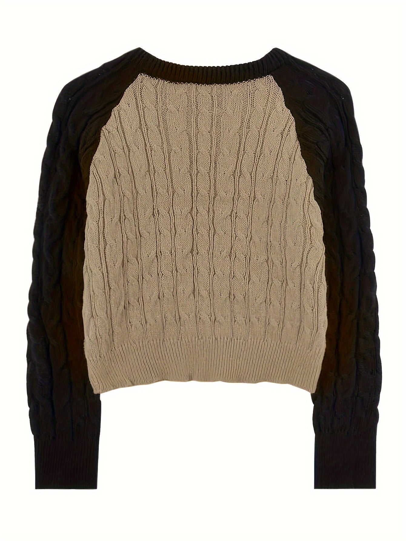 Sixsr Color Block Crew Neck Cable Knit Sweater, Casual Long Sleeve Pullover Sweater, Women's Clothing