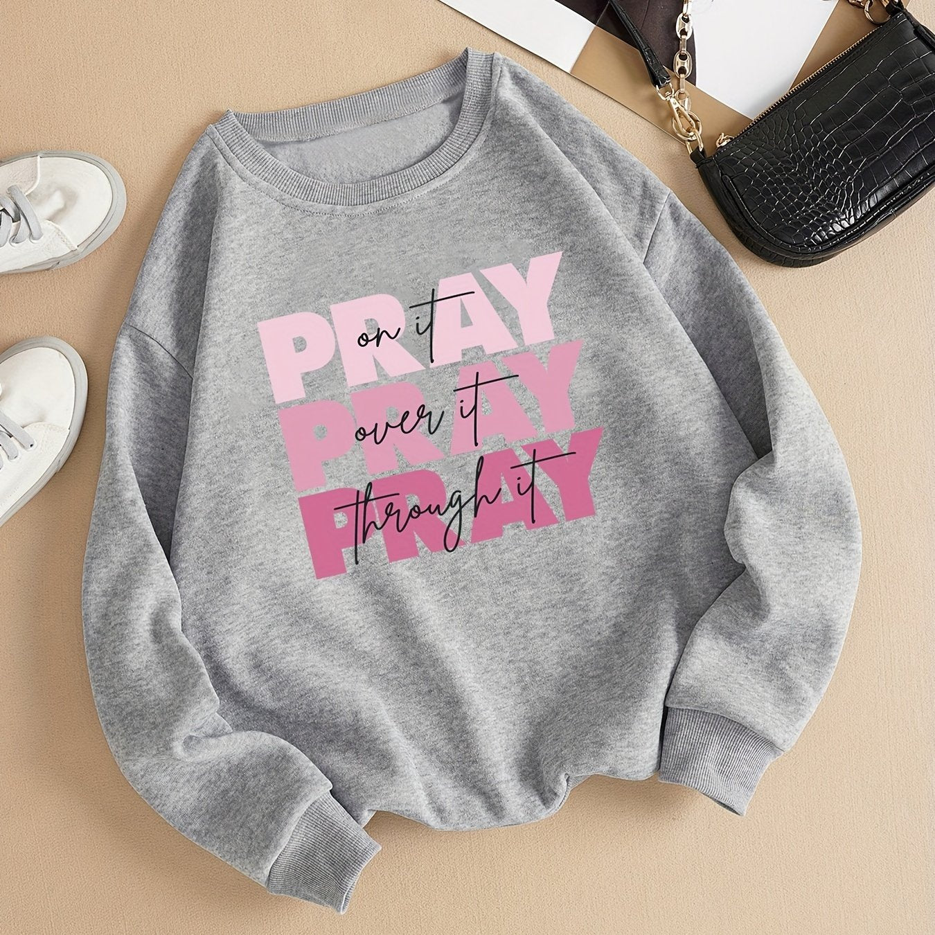 Sixsr Pray Letter Print Thermal Sweatshirt, Long Sleeve Crew Neck Casual Sweatshirt For Spring & Fall, Women's Clothing