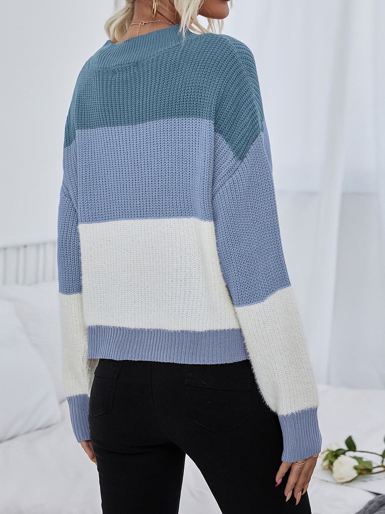 Sixsr Color Block Crew Neck Pullover Sweater, Casual Long Sleeve Drop Shoulder Sweater, Women's Clothing