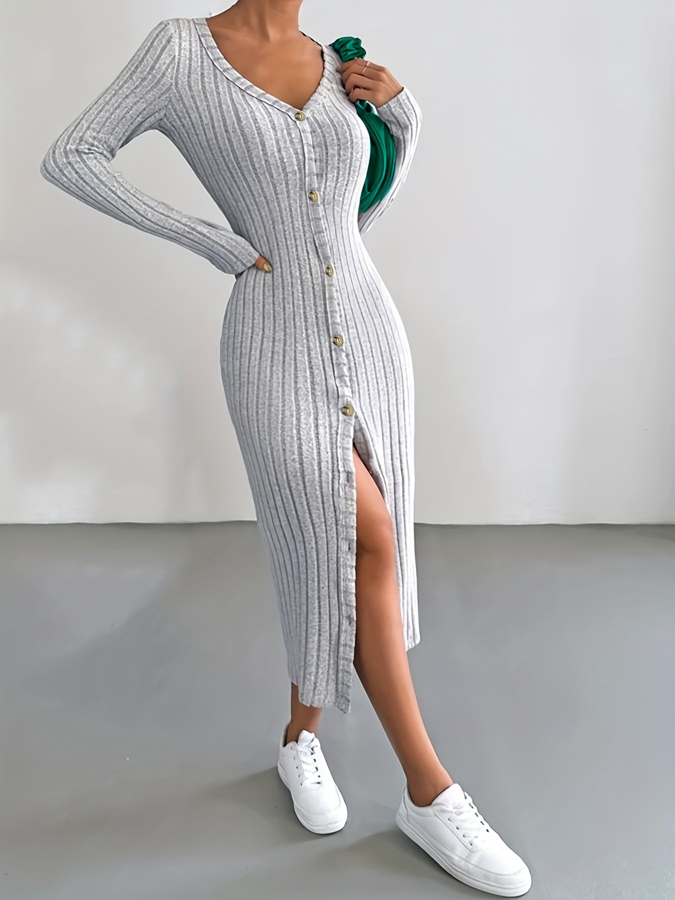 Sixsr Plus Size Casual Sweater Dress, Women's Plus Solid Ribbed Button Up Long Sleeve V Neck Medium Stretch Slim Fit Dress