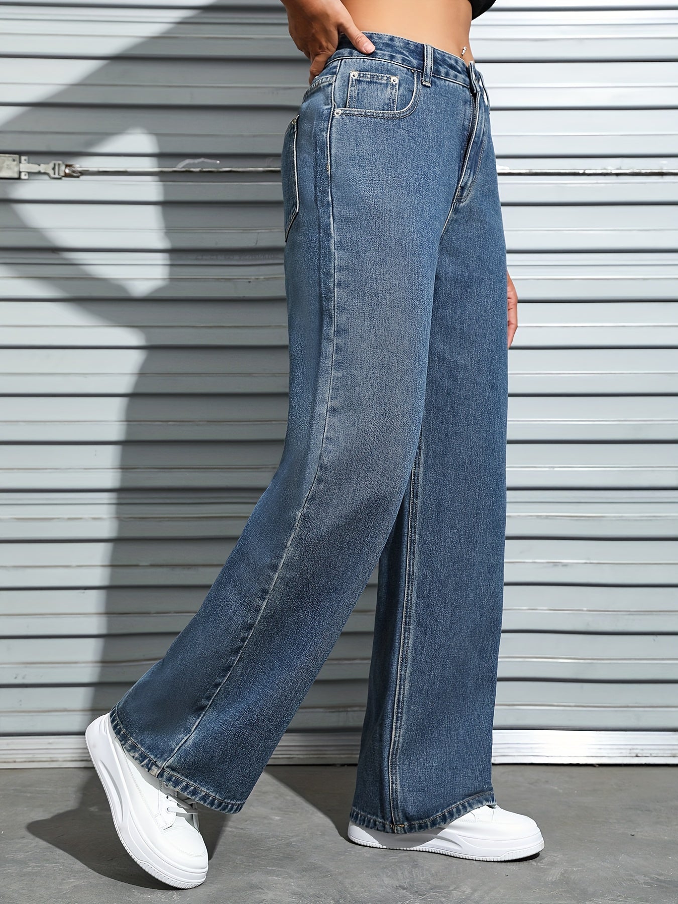 Greatnfb Blue Slant Pockets Straight Jeans, Loose Fit Non-Stretch Casual Wide Legs Jeans, Women's Denim Jeans & Clothing