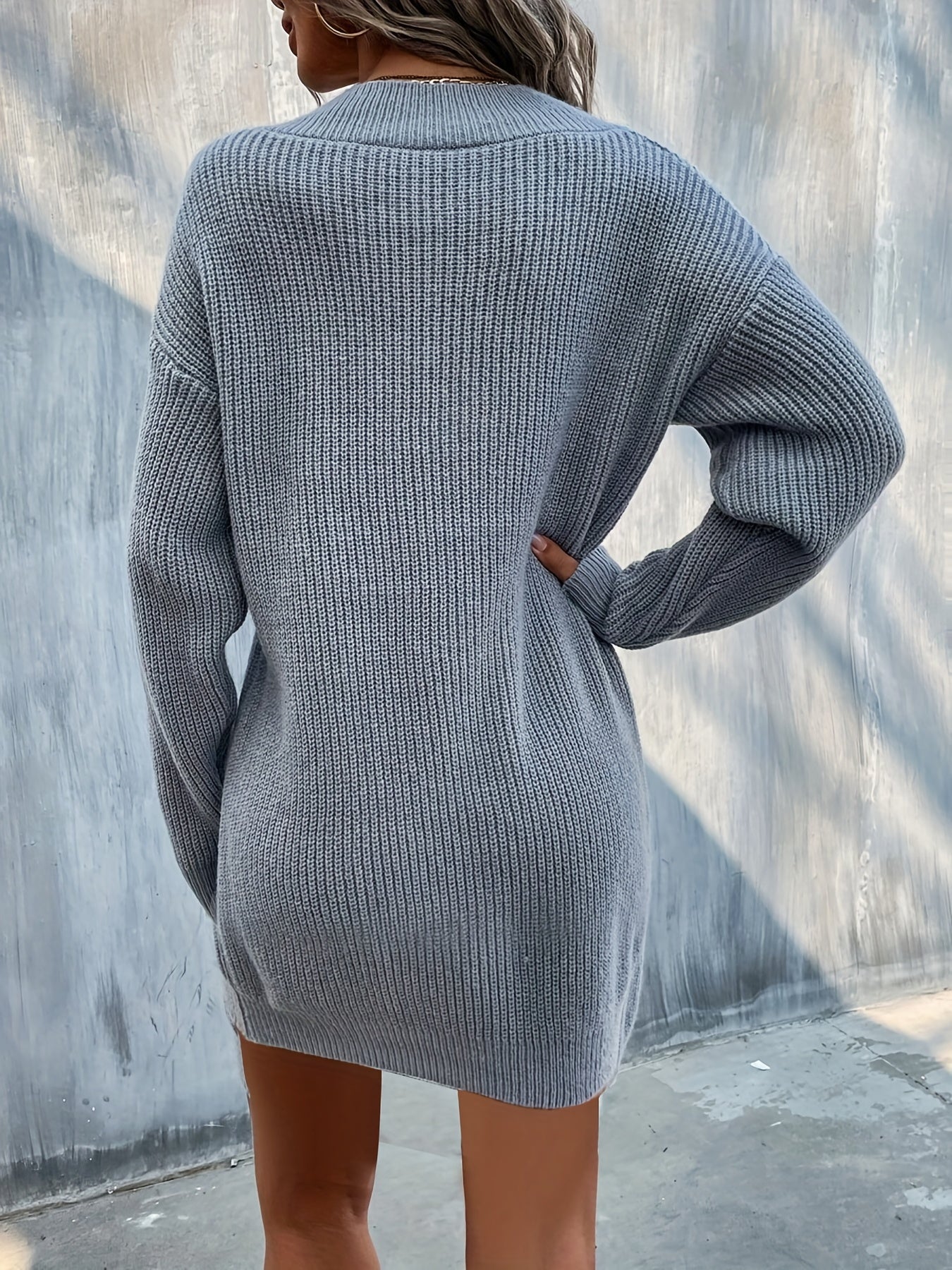 Sixsr Plus Size Casual Sweater Dress, Women's Plus Solid V Neck Long Sleeve High Stretch Mini Knit Dress