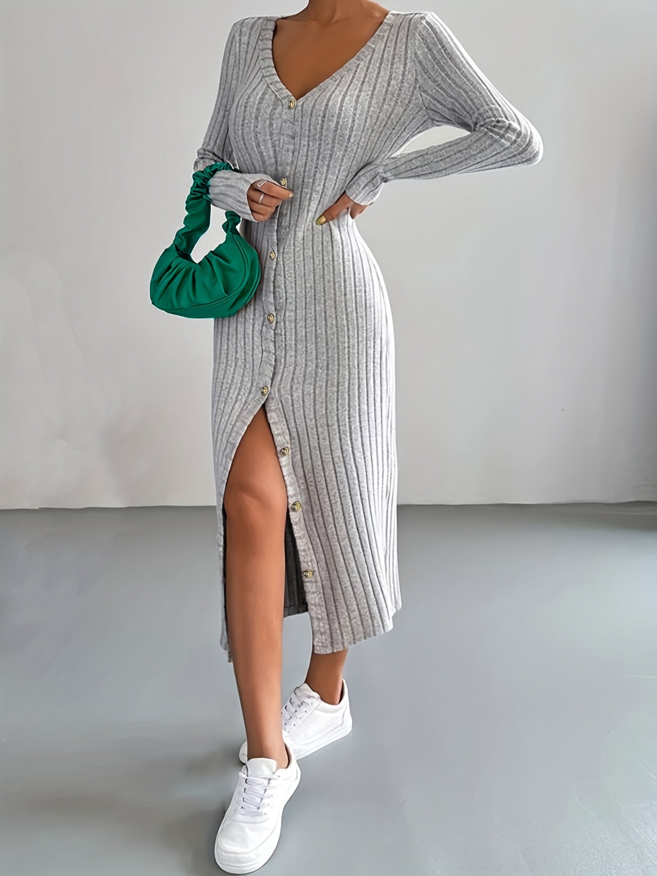 Sixsr Plus Size Casual Sweater Dress, Women's Plus Solid Ribbed Button Up Long Sleeve V Neck Medium Stretch Slim Fit Dress