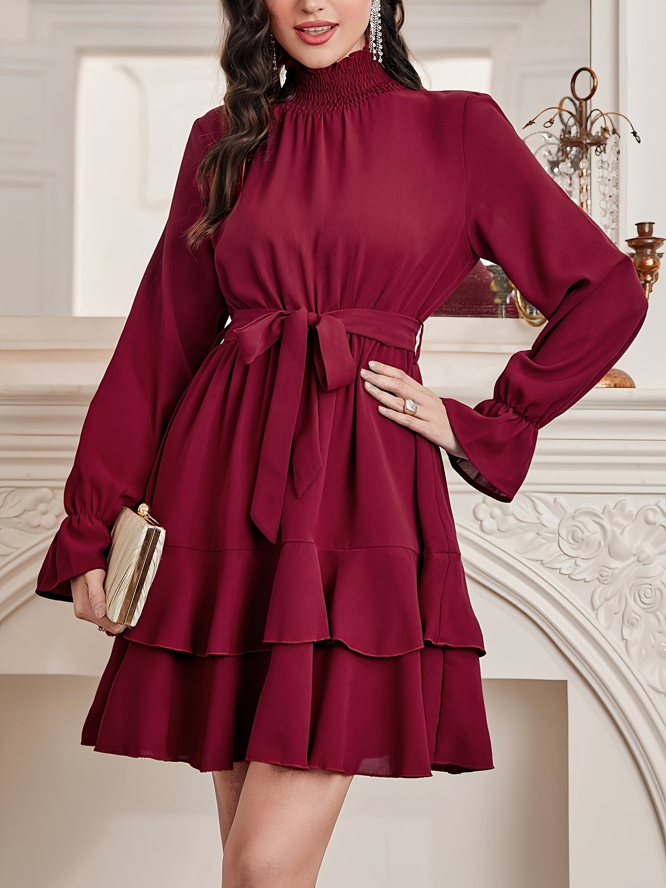 Sixsr Ruffle Hem Layered Dress, Elegant Long Sleeve High Neck Dress, Women's Clothing