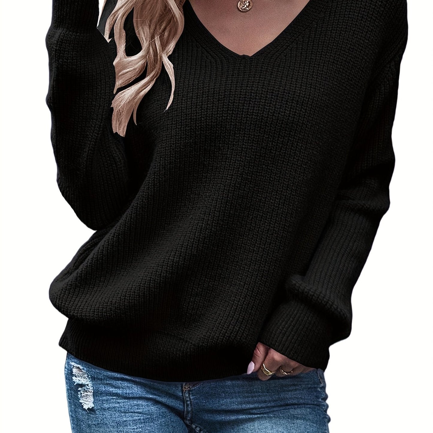 Sixsr Solid Versatile Knit Sweater, Casual V Neck Long Sleeve Sweater, Women's Clothing