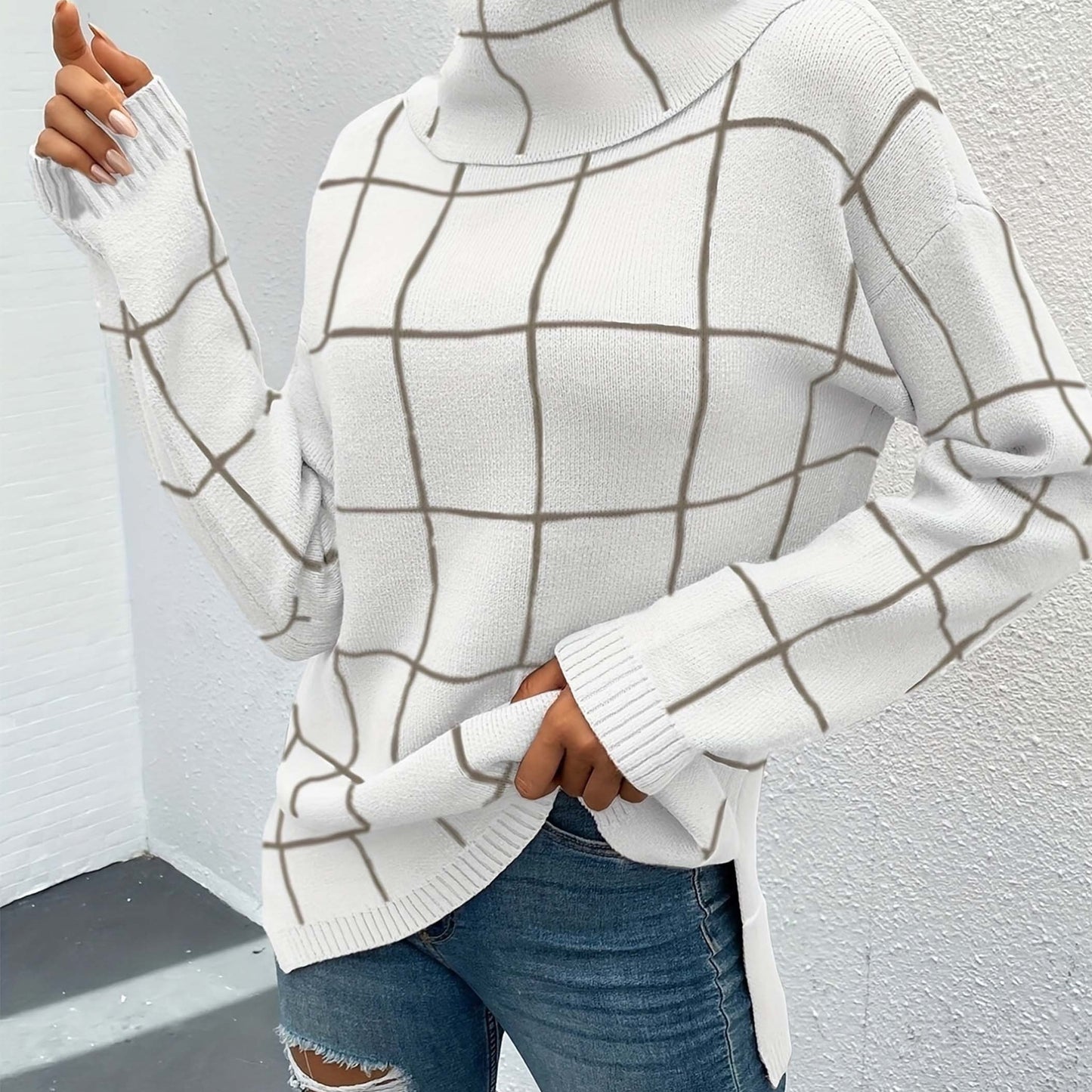 Sixsr Plaid Pattern Turtleneck Knitted Pullover Top, Casual Long Sleeve Sweater For Fall & Winter, Women's Clothing