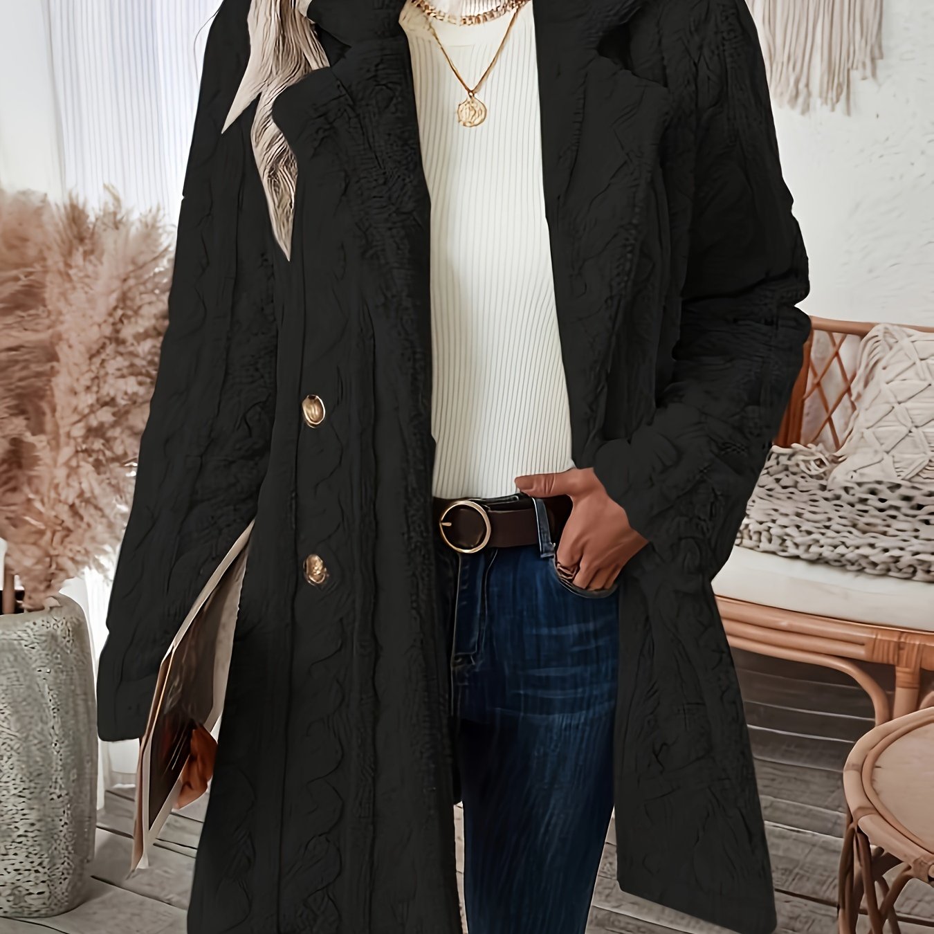 Sixsr Double-breasted Teddy Bear Coat, Casual Thermal Lapel Neck Long Sleeve Plush Jacket For Winter, Women's Clothing