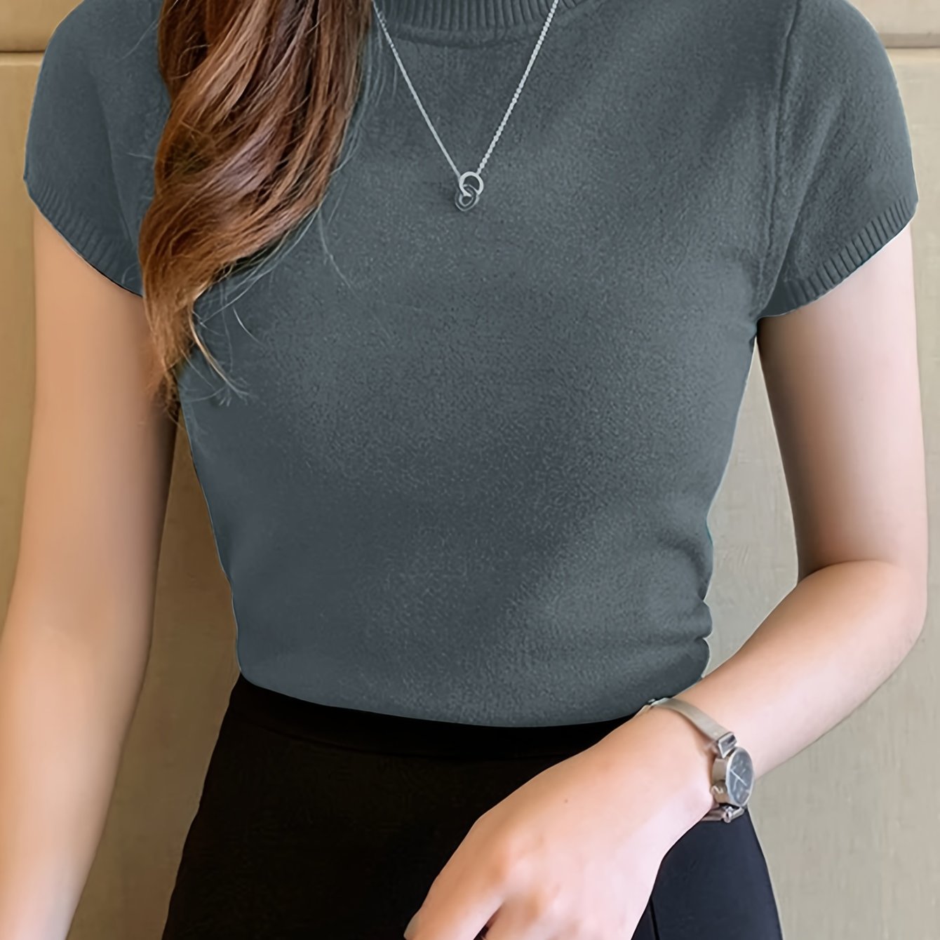 Sixsr Solid Mock Neck Knit Sweater, Casual Short Sleeve Sweater, Women's Clothing