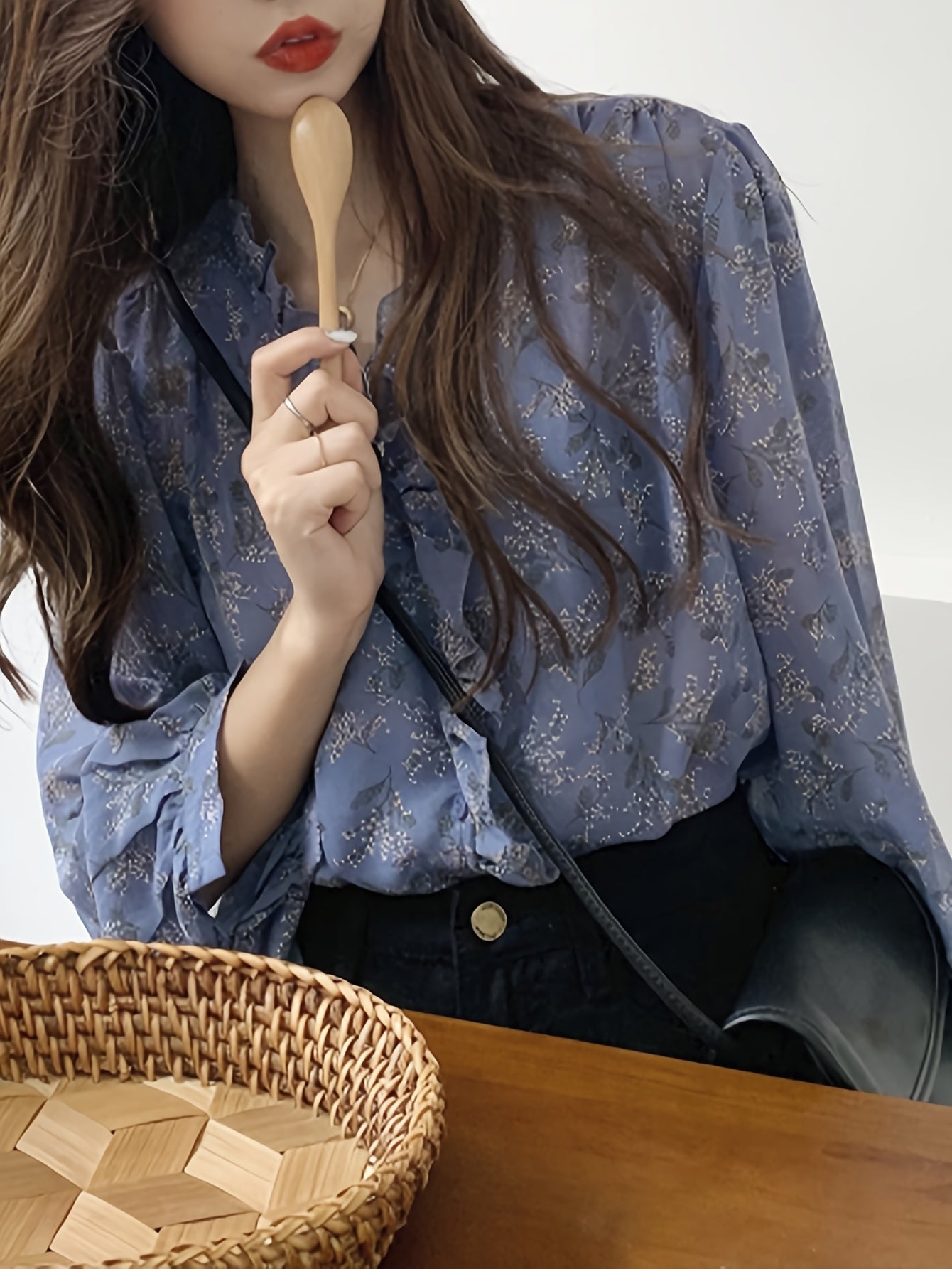 Sixsr Allover Print Ruffle Trim Blouse, Elegant Long Sleeve Blouse For Spring & Fall, Women's Clothing