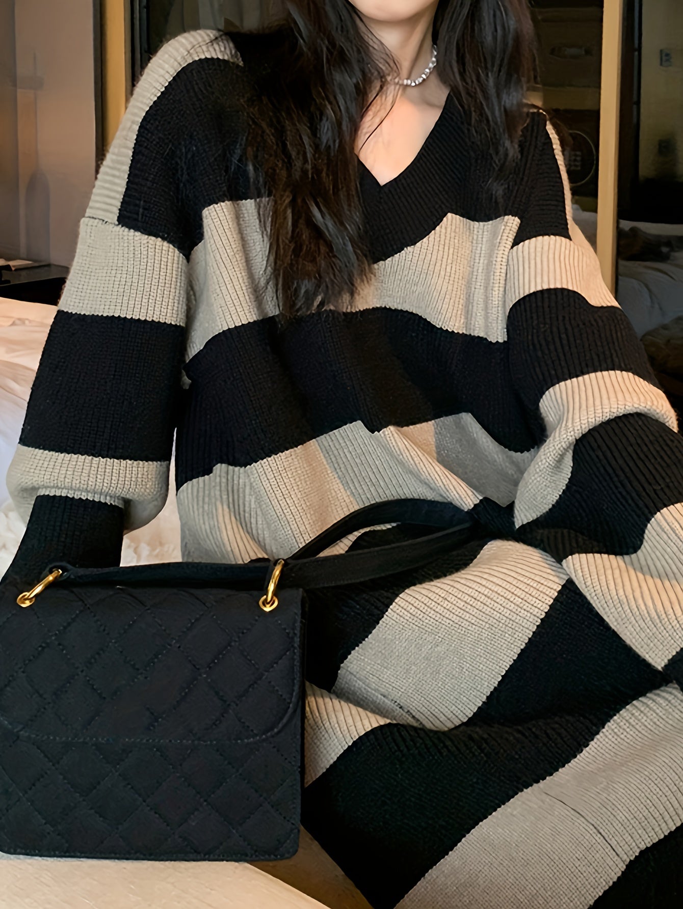 Sixsr Striped Drop Shoulder Sweater Dress, Casual V Neck Long Sleeve Maxi Dress, Women's Clothing