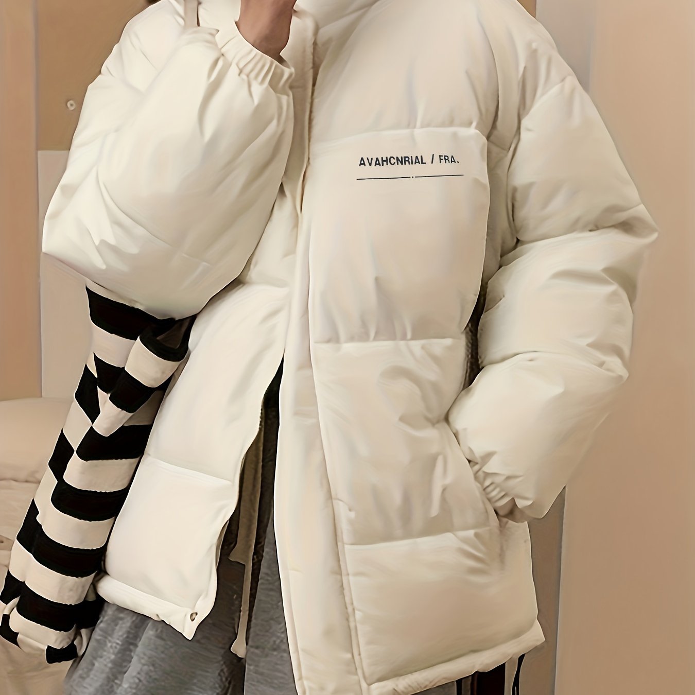 Sixsr Zip Up Letter Print Puffy Coat, Long Sleeve Slant Pockets Outwear For Winter, Women's Clothing