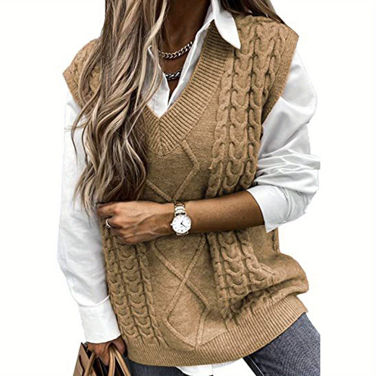 Sixsr Plus Size Preppy Knit Vest, Women's Plus Solid Jacquard V Neck Slim Fit Knit Vest