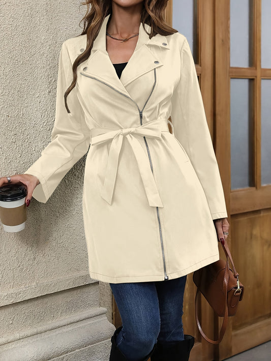 Sixsr Solid Color Open Front Trench Jacket, Elegant Lapel Neck Zipper Long Sleeve Button Jacket, Women's Clothing
