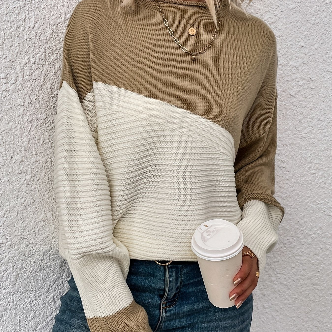 Sixsr Color Block Loose Pullover Sweater, Elegant Long Sleeve Drop Shoulder Sweater, Women's Clothing