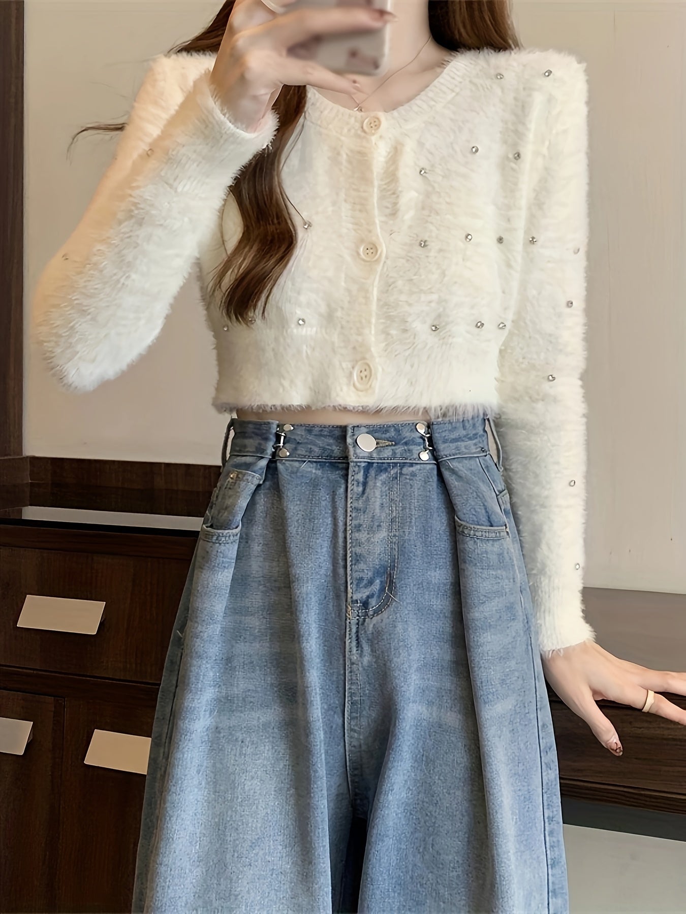 Sixsr Rhinestone Button Down Plush Cardigan, Casual Crew Neck Long Sleeve Crop Sweater, Women's Clothing