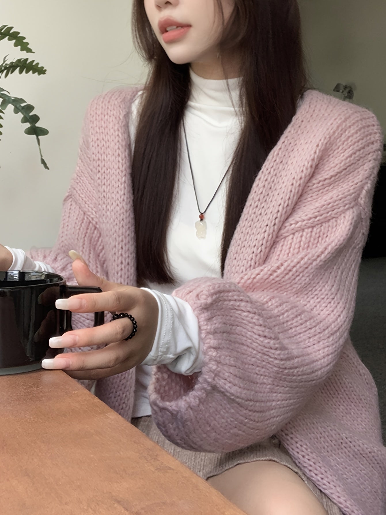 Sixsr Solid Open Front Knit Cardigan, Casual Lantern Sleeve Loose Slouchy Sweater, Women's Clothing