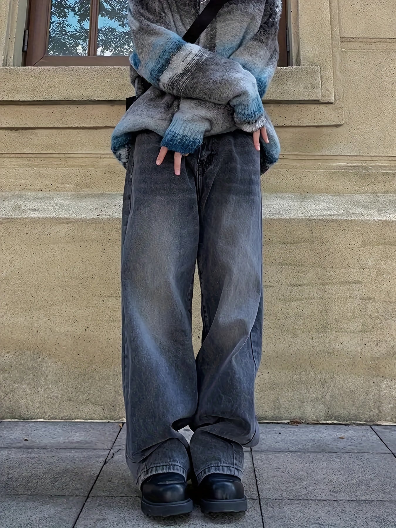 Sixsr Elastic Waist Washed Baggy Jeans, Loose Fit Washed Wide Legs Jeans, Women's Denim Jeans & Clothing