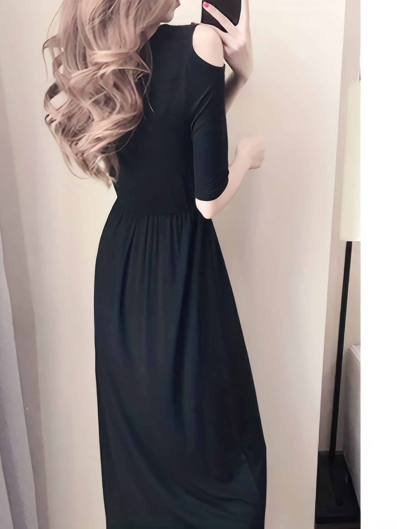 Sixsr Solid Cold Shoulder Dress, Elegant Half Sleeve Crew Neck Dress, Women's Clothing