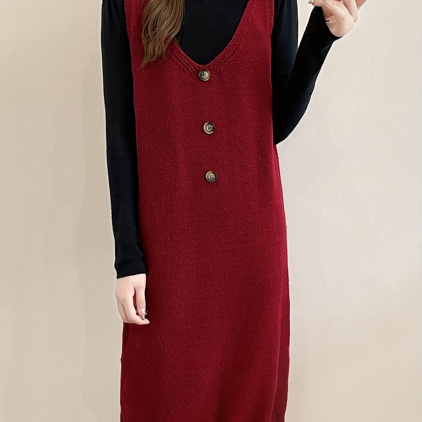 Sixsr Plunging Solid Midi Dress, Elegant Sleeveless Knitted Dress With Buttons, Women's Clothing
