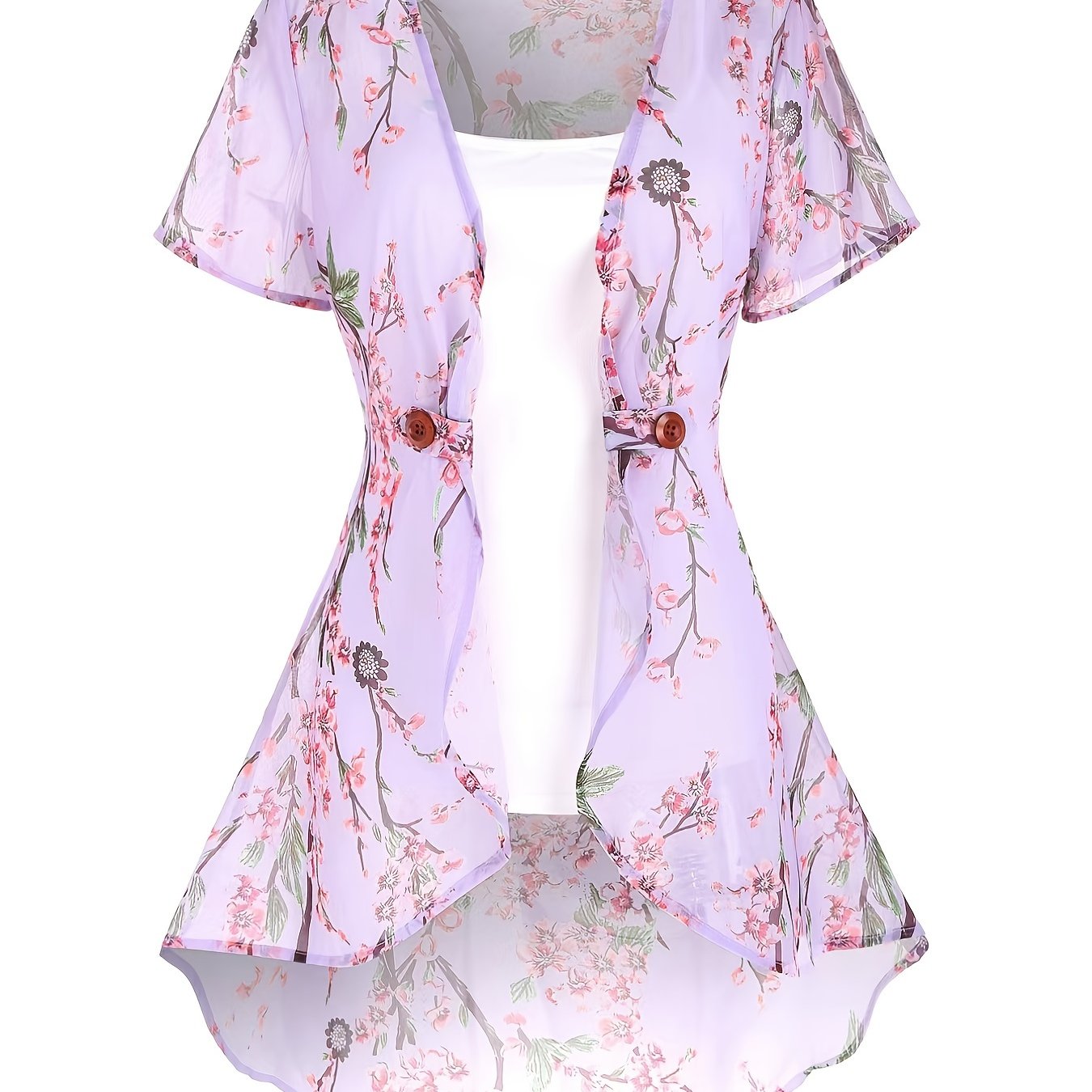 Women's Floral Print Two-piece Set - Casual Tank Top & Open Front Kimono Outfit for Comfortable and Stylish Look
