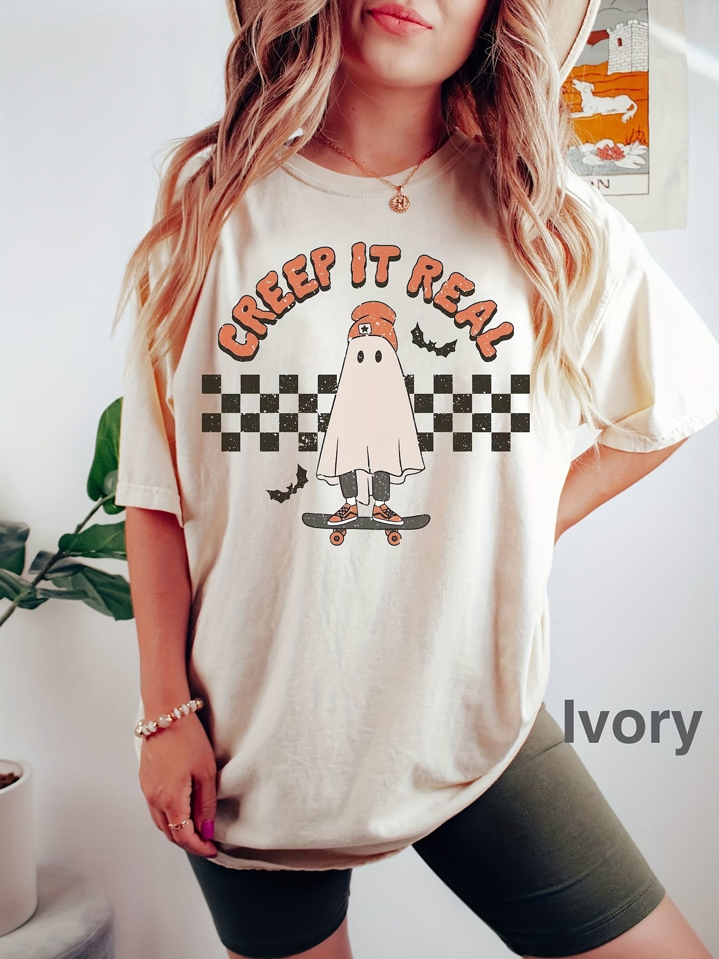 Sixsr Halloween Ghost Print T-shirt, Casual Short Sleeve Crew Neck T-shirt For Spring & Summer, Women's Clothing