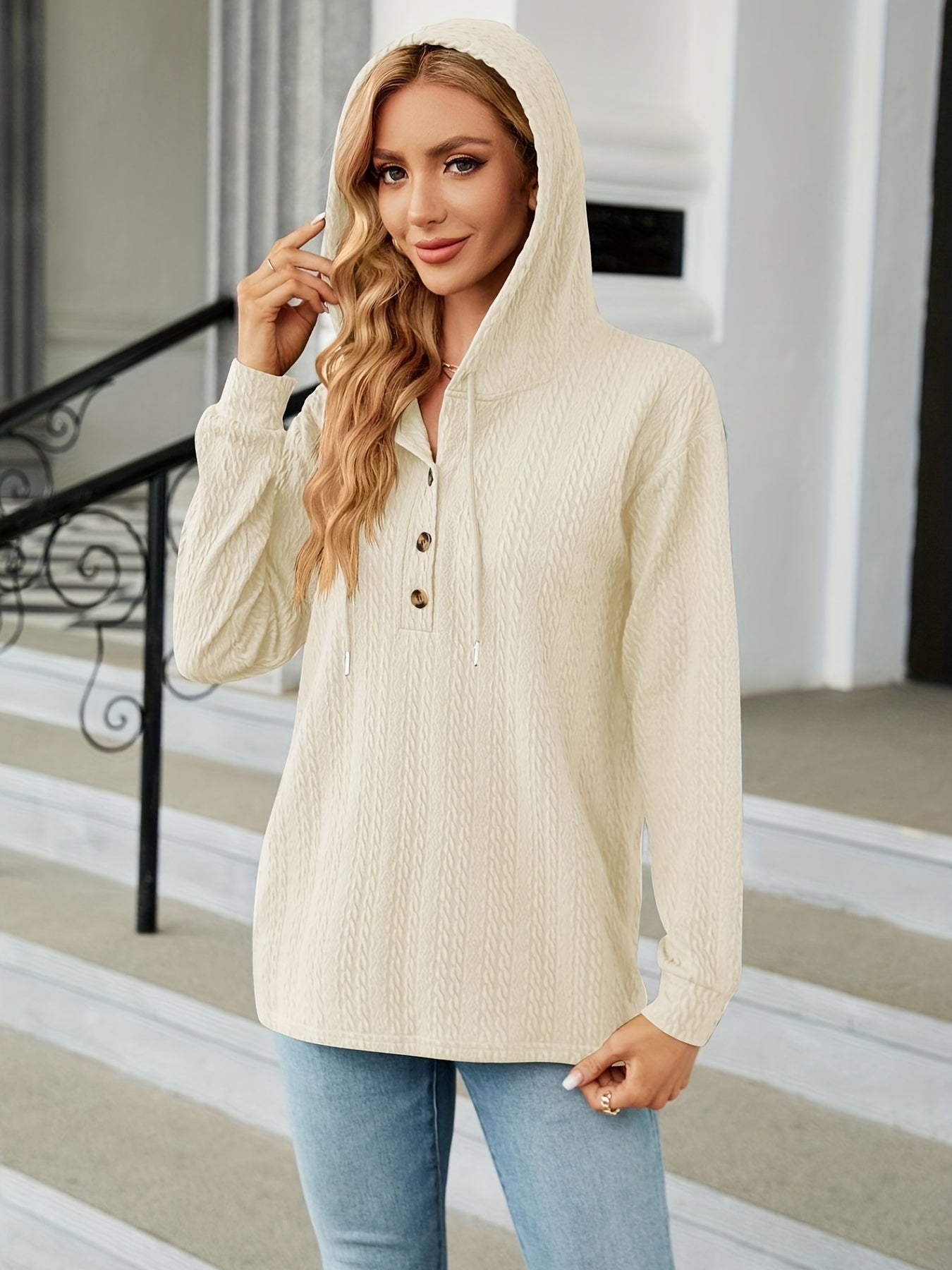 Textured Drawstring Button Front Hoodie, Casual Long Sleeve Hoodie For Spring & Fall, Women's Clothing