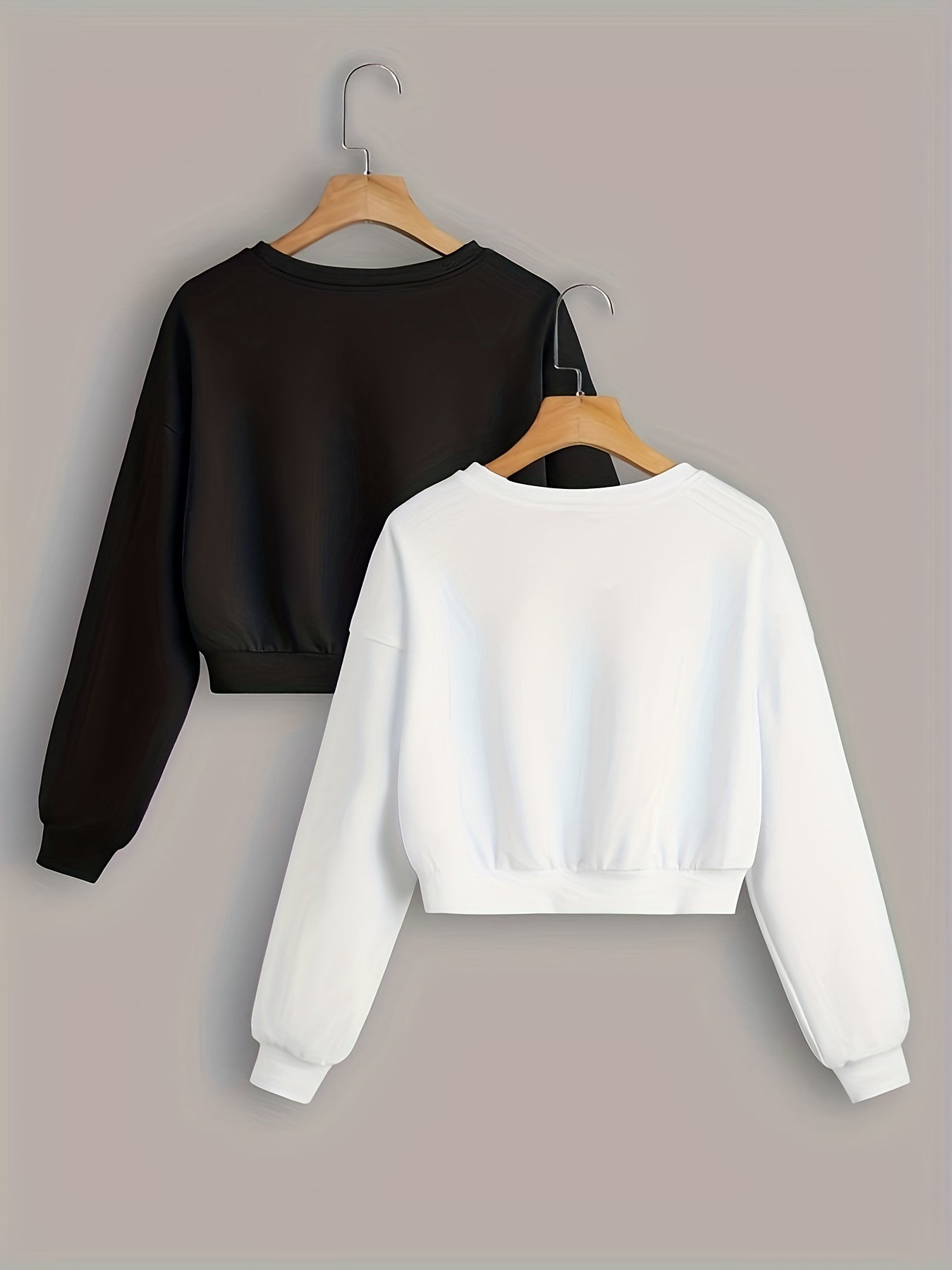 Sixsr Solid Crop Sweatshirt 2 Pack, Casual Long Sleeve Sweatshirt For Spring & Fall, Women's Clothing