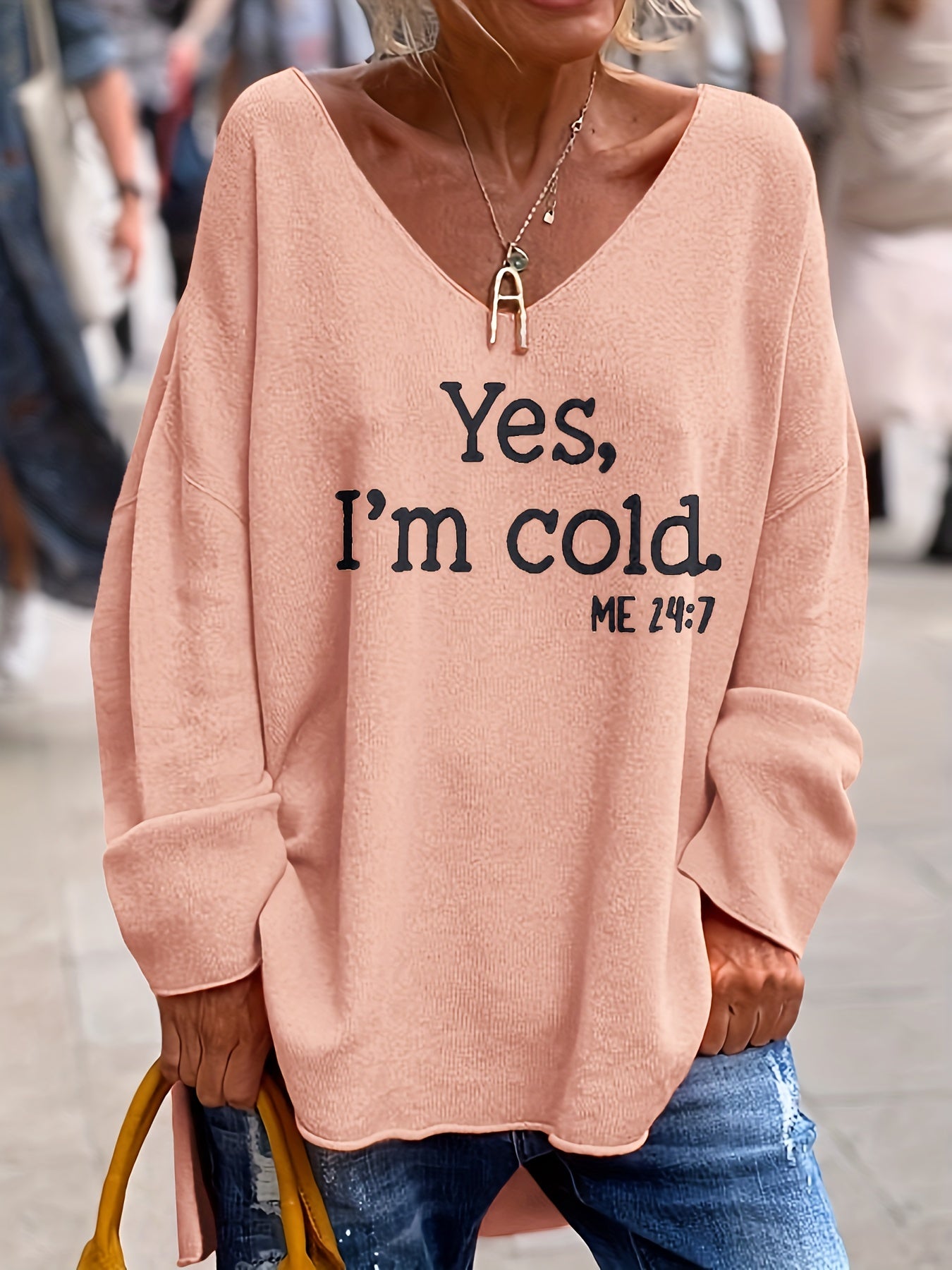 Sixsr Letter Pattern V Neck Oversized Sweater, Casual Long Sleeve Rolled Trim Sweater, Women's Clothing