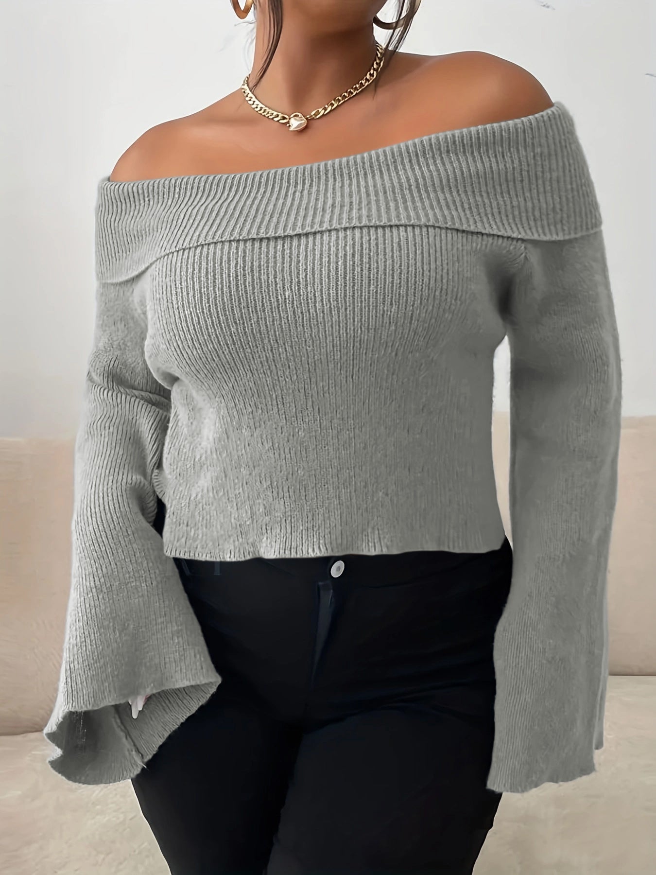 Sixsr Plus Size Casual Sweater, Women's Plus Solid Off Shoulder Bell Sleeve Slight Stretch Jumper