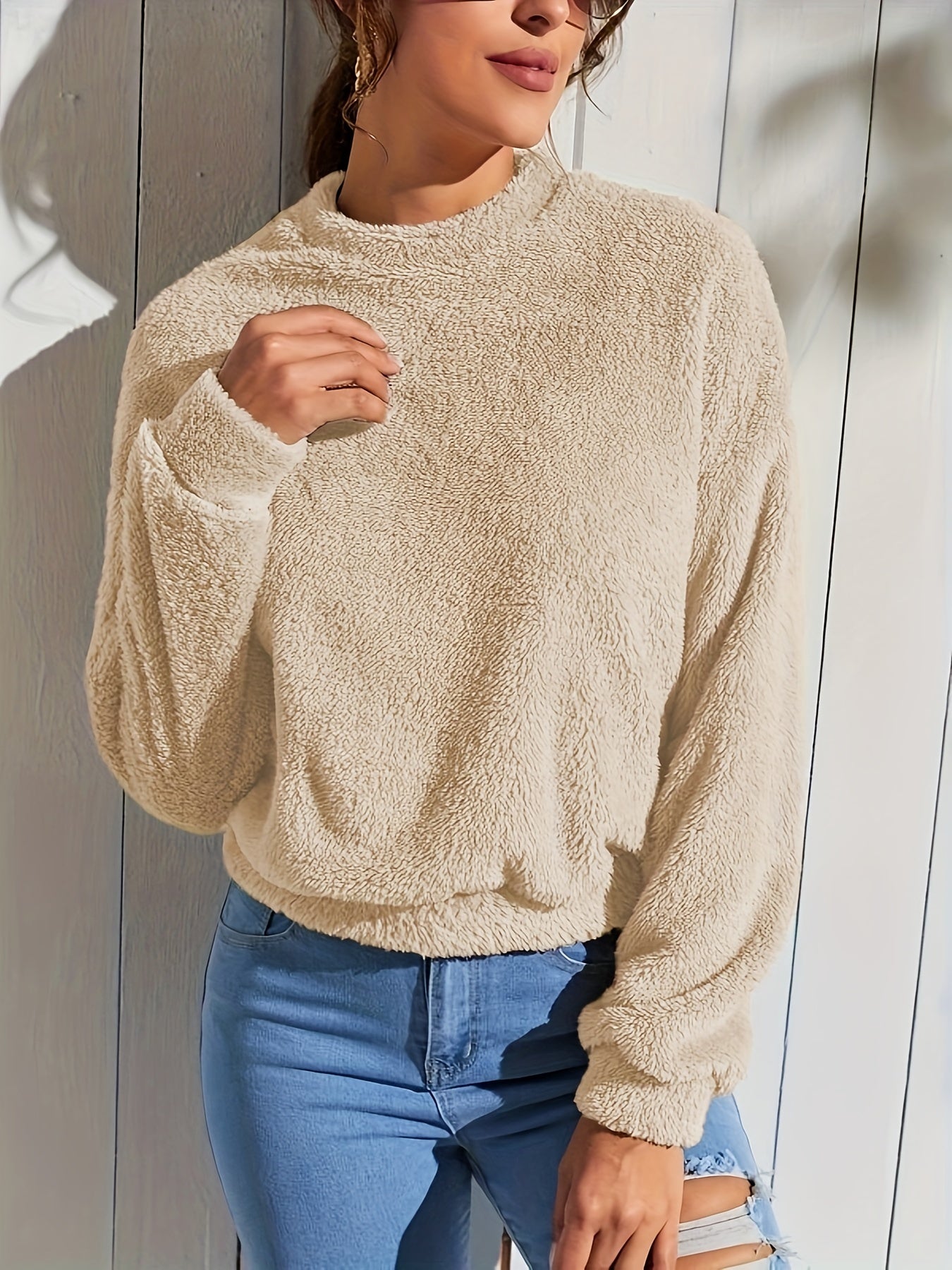 Sixsr Solid Color Teddy Pullover Sweatshirt, Casual Long Sleeve Crew Neck Sweatshirt For Fall & Winter, Women's Clothing