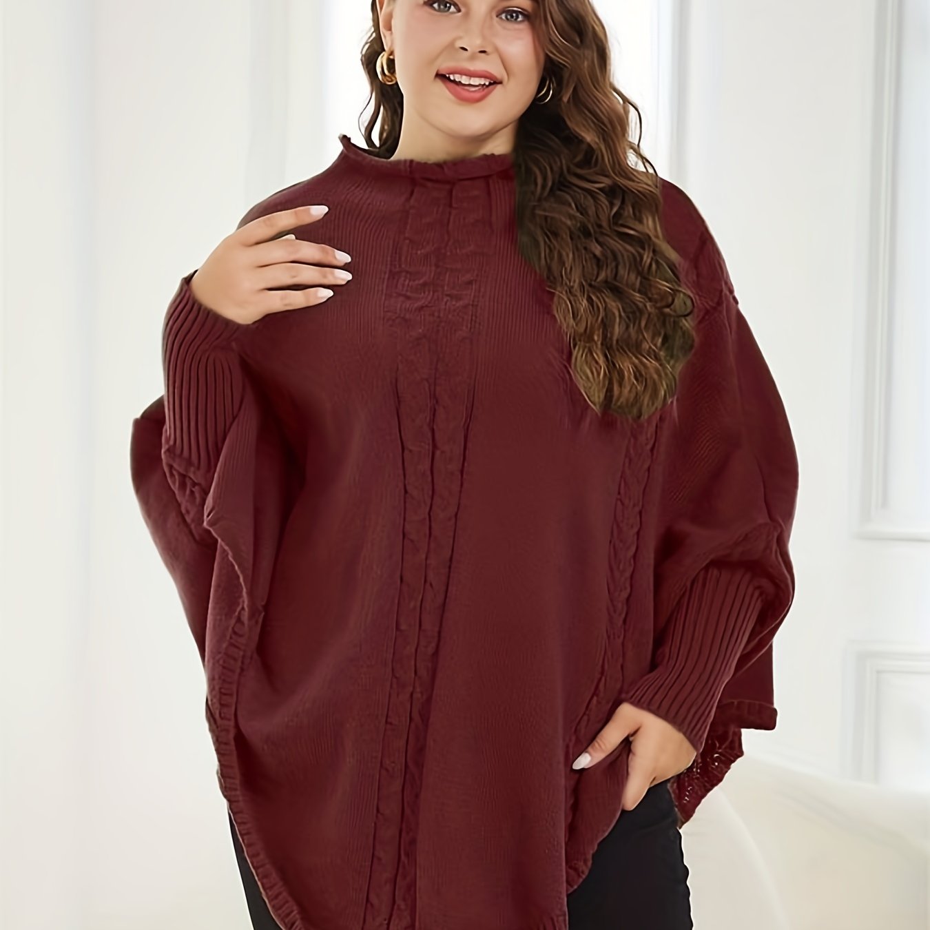 Sixsr Plus Size Casual Sweater, Women's Plus Jacquard High Neck Bat Sleeve Pullover Sweater