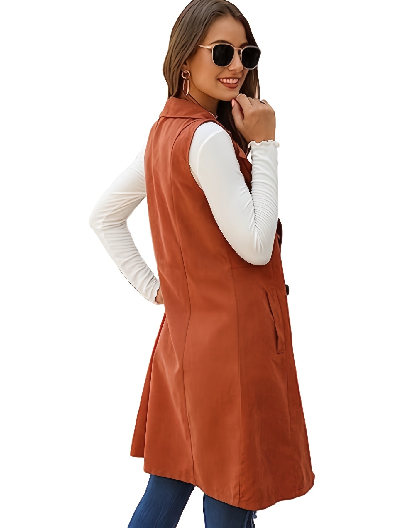 Sixsr Plus Size Casual Jacket, Women's Plus Double Breasted Sleeveless Long Vest Jacket With Pockets