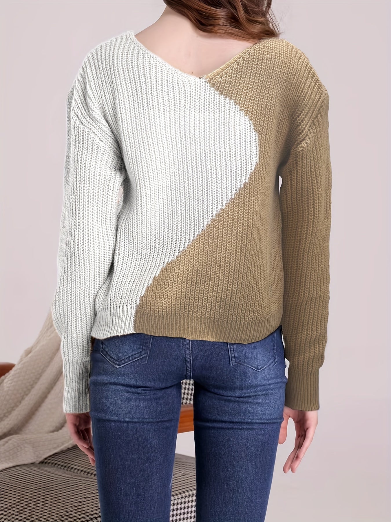 Sixsr Color Block Drop Shoulder Sweater, Casual V-neck Long Sleeve Sweater, Women's Clothing